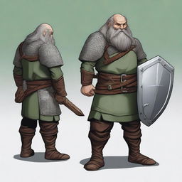 A dwarf with dark grey hair, greyish skin, green eyes, and a somewhat disproportionate body covered in chainmail