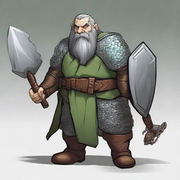 A dwarf with dark grey hair, greyish skin, green eyes, and a somewhat disproportionate body covered in chainmail