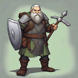 A dwarf with dark grey hair, greyish skin, green eyes, and a somewhat disproportionate body covered in chainmail