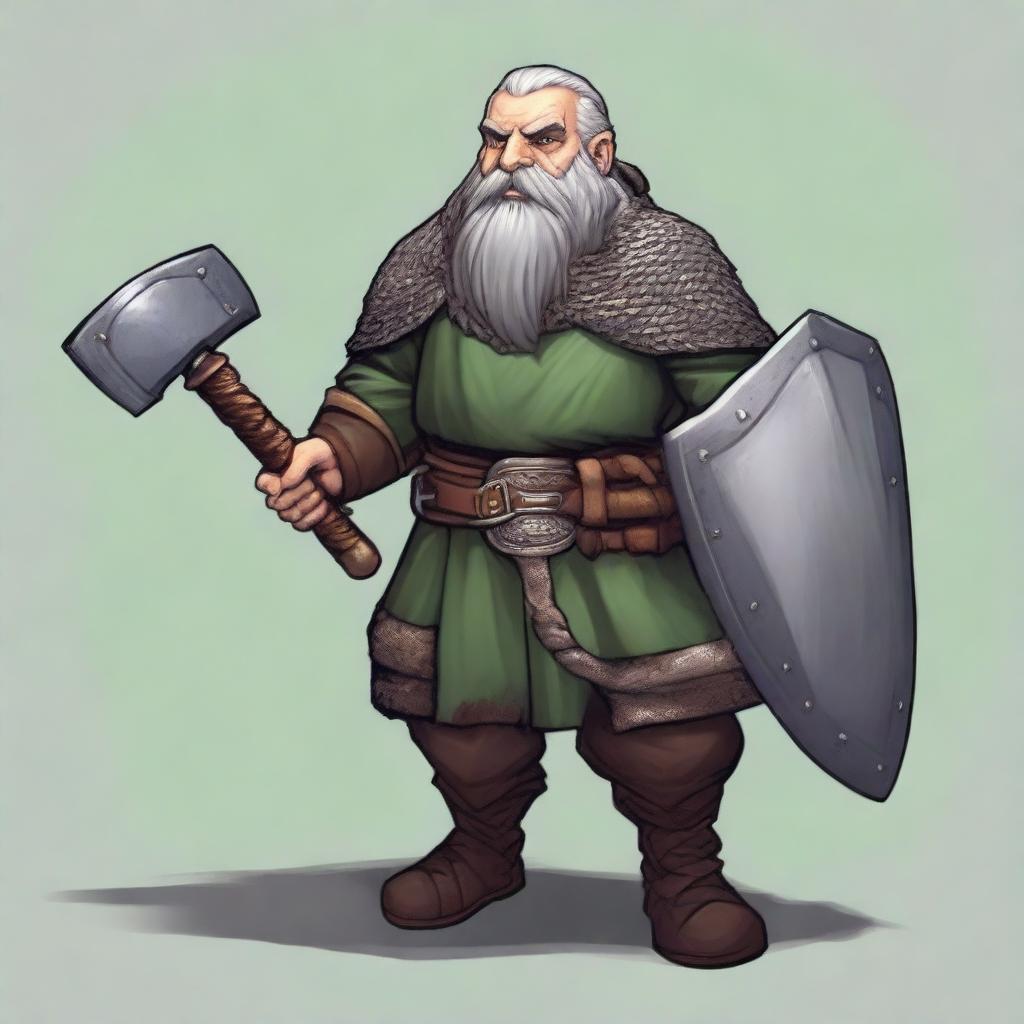 A dwarf with dark grey hair, greyish skin, green eyes, and a somewhat disproportionate body covered in chainmail