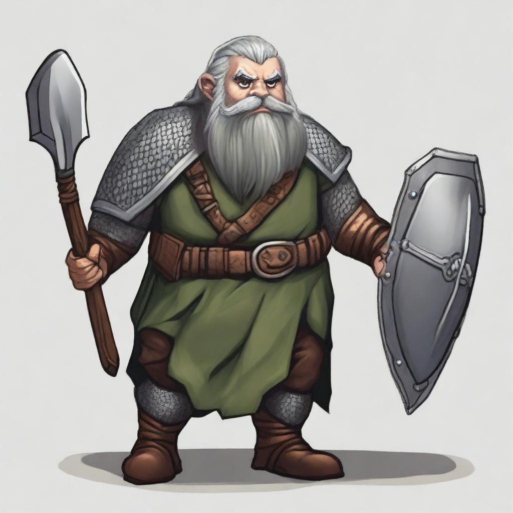 A dwarf with dark gray hair, grayish skin, and green eyes