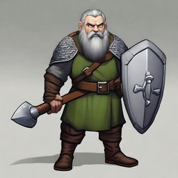 A dwarf with dark gray hair, grayish skin, and green eyes