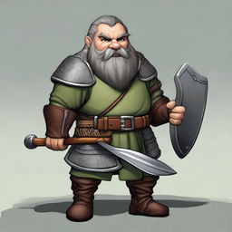 A dwarf with dark gray hair, grayish skin, and green eyes