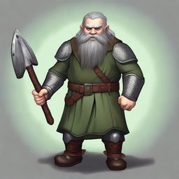 A dwarf with dark gray hair, grayish skin, and green eyes