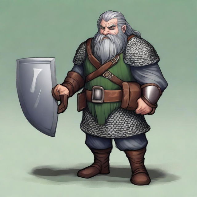 A dwarf with dark grey hair, greyish skin, green eyes, and a somewhat disproportionate body covered in chainmail