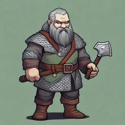 A dwarf with dark grey hair, greyish skin, green eyes, and a somewhat disproportionate body covered in chainmail