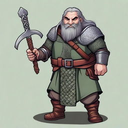 A dwarf with dark grey hair, greyish skin, green eyes, and a somewhat disproportionate body covered in chainmail