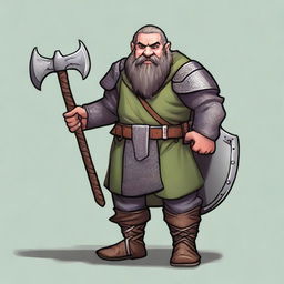 A dwarf with dark grey hair, greyish skin, green eyes, and a somewhat disproportionate body covered in chainmail