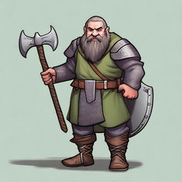 A dwarf with dark grey hair, greyish skin, green eyes, and a somewhat disproportionate body covered in chainmail