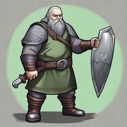 A dwarf with dark grey hair, greyish skin, green eyes, and a somewhat disproportionate body covered in chainmail