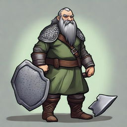 A dwarf with dark grey hair, greyish skin, green eyes, and a somewhat disproportionate body covered in chainmail