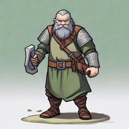 A dwarf with dark grey hair, greyish skin, green eyes, and a somewhat disproportionate body covered in chainmail