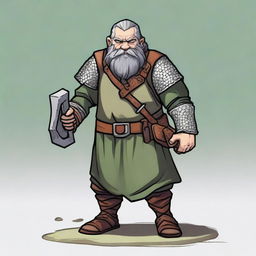 A dwarf with dark grey hair, greyish skin, green eyes, and a somewhat disproportionate body covered in chainmail