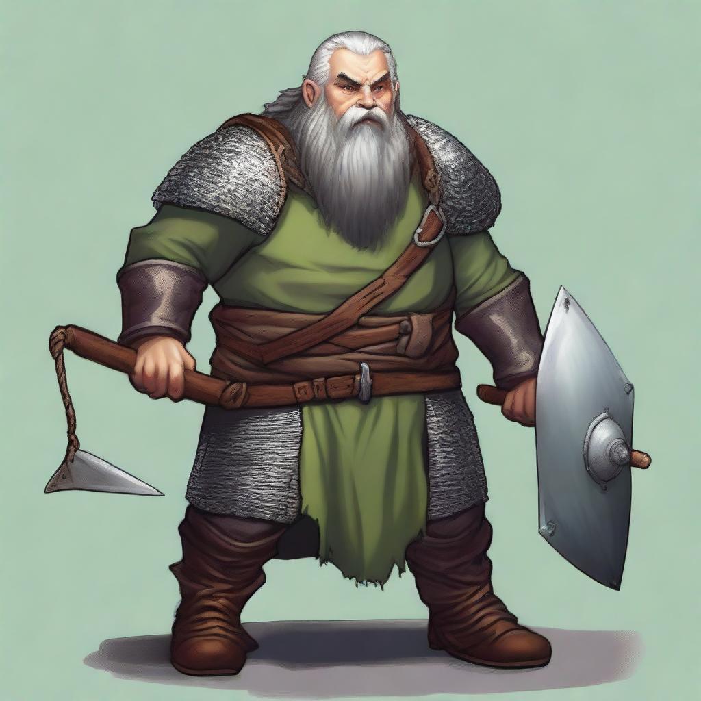 A dwarf with dark grey hair, greyish skin, green eyes, and a somewhat disproportionate body covered in chainmail