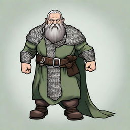 A dwarf with dark grey hair, greyish skin, green eyes, and a somewhat disproportionate body covered in chainmail