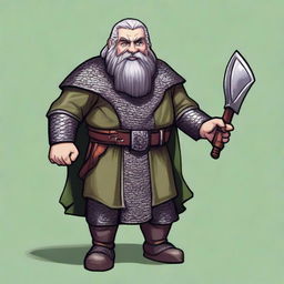 A dwarf with dark grey hair, greyish skin, green eyes, and a somewhat disproportionate body covered in chainmail