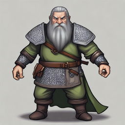 A dwarf with dark grey hair, greyish skin, green eyes, and a somewhat disproportionate body covered in chainmail