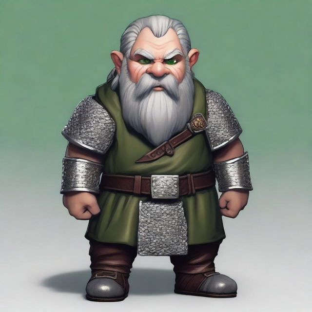 A dwarf with dark grey hair, greyish skin, green eyes, and a somewhat disproportionate body covered in chainmail