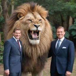 A friendly lion grinning with human-like dentition, standing companionably next to Tarzan, who is elegantly dressed in a suit