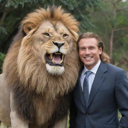 A friendly lion grinning with human-like dentition, standing companionably next to Tarzan, who is elegantly dressed in a suit