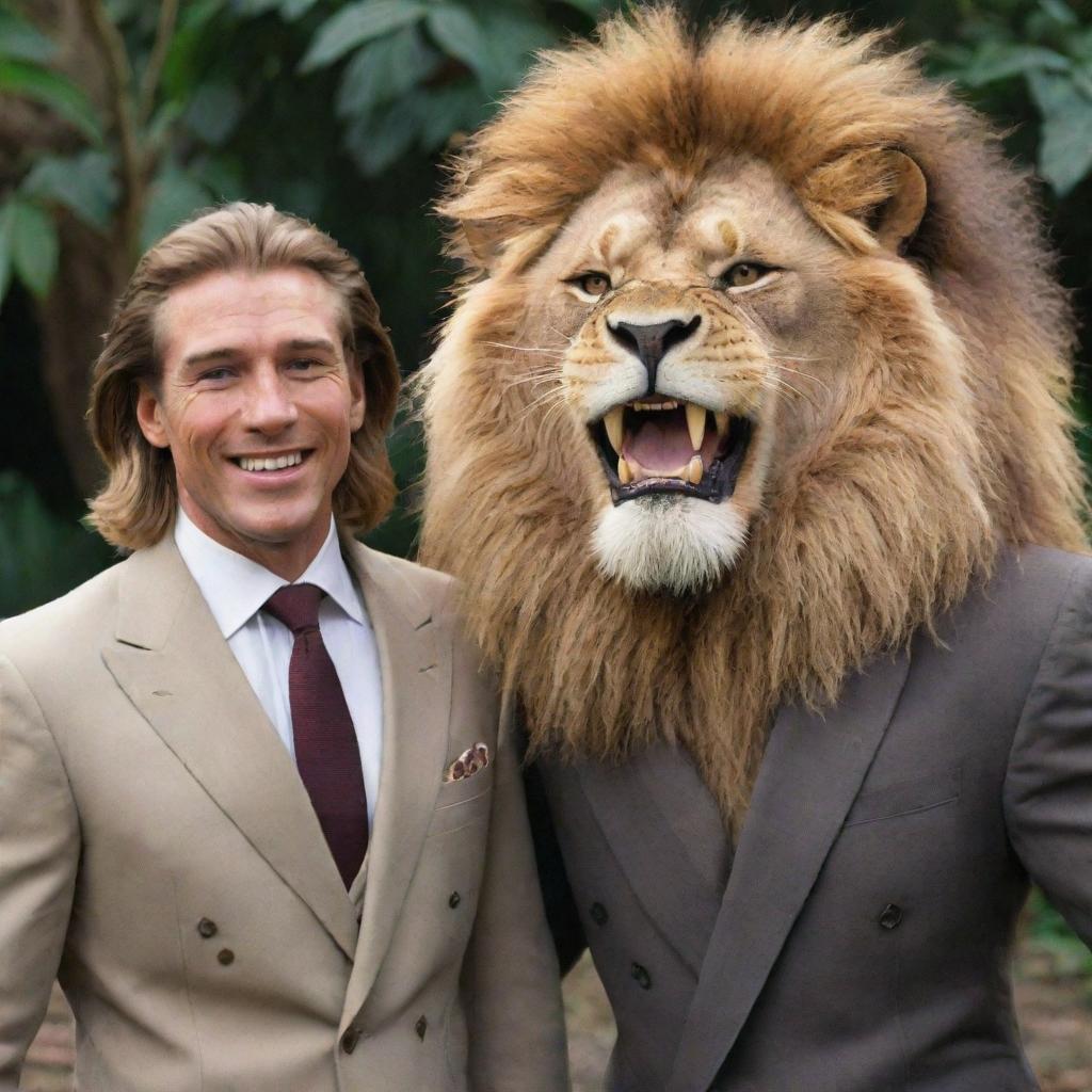 A friendly lion grinning with human-like dentition, standing companionably next to Tarzan, who is elegantly dressed in a suit