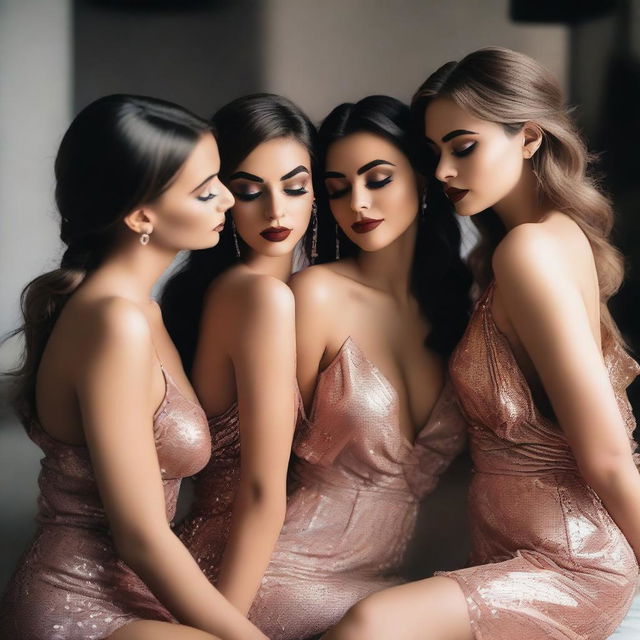 A group of Romanian girls in an intimate setting, making out with one another