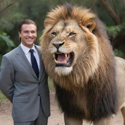 A friendly lion grinning with human-like dentition, standing companionably next to Tarzan, who is elegantly dressed in a suit