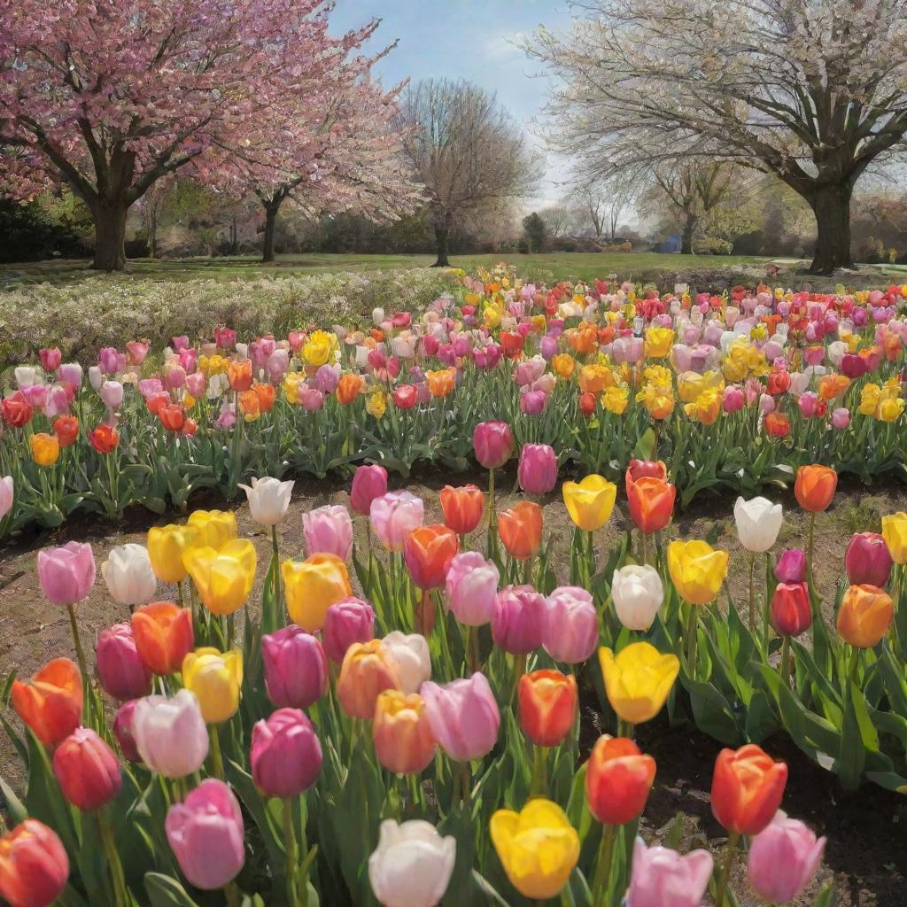 An array of vibrant springtime flowers bursting with colors, including tulips, daffodils, and cherry blossoms, under a soft sunlit sky.