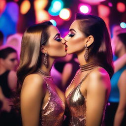 Two Romanian girls in a glamorous nightclub, passionately kissing amidst the vibrant and energetic atmosphere