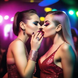 Two Romanian girls in a glamorous nightclub, passionately kissing amidst the vibrant and energetic atmosphere