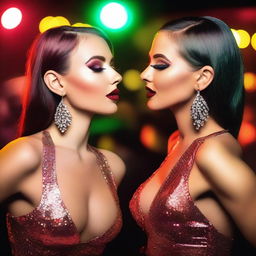 Two Romanian girls in a glamorous nightclub, passionately kissing amidst the vibrant and energetic atmosphere