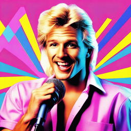 A handsome blond, friendly man, with his shirt open in an 80's style, holding a microphone in his hand