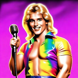 A handsome blond, friendly man, with his shirt open in an 80's style, holding a microphone in his hand