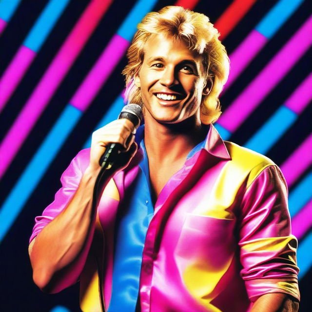 A handsome blond, friendly man, with his shirt open in an 80's style, holding a microphone in his hand