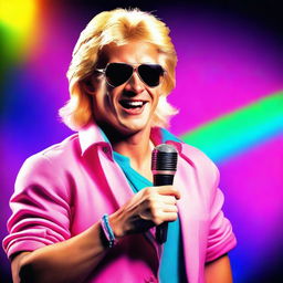 A handsome blond, friendly man, with his shirt open in an 80's style, holding a microphone in his hand