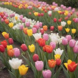 An array of vibrant springtime flowers bursting with colors, including tulips, daffodils, and cherry blossoms, under a soft sunlit sky.