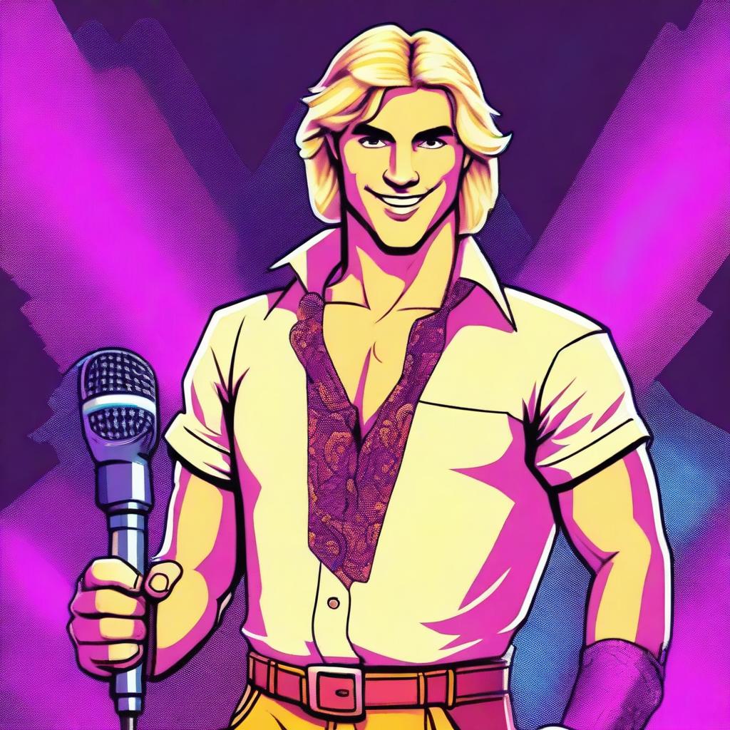 A handsome blond, friendly man, with his shirt open in an 80's style, holding a microphone in his hand