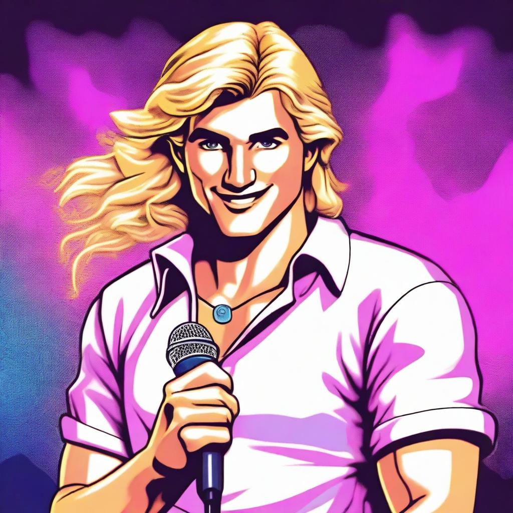 A handsome blond, friendly man, with his shirt open in an 80's style, holding a microphone in his hand