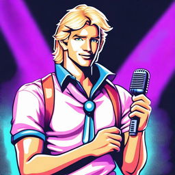 A handsome blond, friendly man, with his shirt open in an 80's style, holding a microphone in his hand