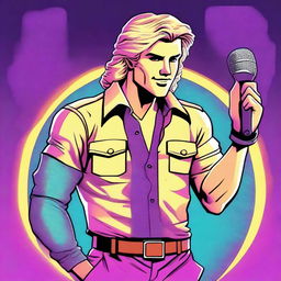 A handsome blond, friendly man, with his shirt open in an 80's style, holding a microphone in his hand