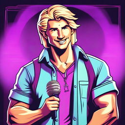 A handsome blond, friendly man, with his shirt open in an 80's style, holding a microphone in his hand