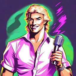 A handsome blond, friendly man, with his shirt open in an 80's style, holding a microphone in his hand