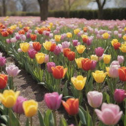 An array of vibrant springtime flowers bursting with colors, including tulips, daffodils, and cherry blossoms, under a soft sunlit sky.