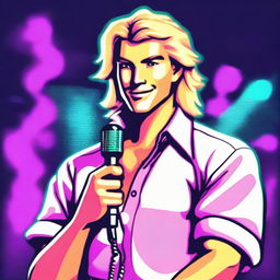 A handsome blond, friendly man, with his shirt open in an 80's style, holding a microphone in his hand