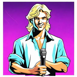 A handsome blond, friendly man, with his shirt open in an 80's style, holding a microphone in his hand