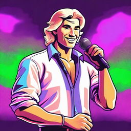 An Italian handsome blond, friendly man, with his shirt open in an 80's style, holding a microphone in his hand