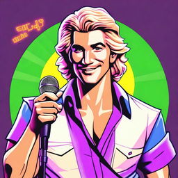 An Italian handsome blond, friendly man, with his shirt open in an 80's style, holding a microphone in his hand