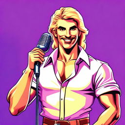 An Italian handsome blond, friendly man, with his shirt open in an 80's style, holding a microphone in his hand