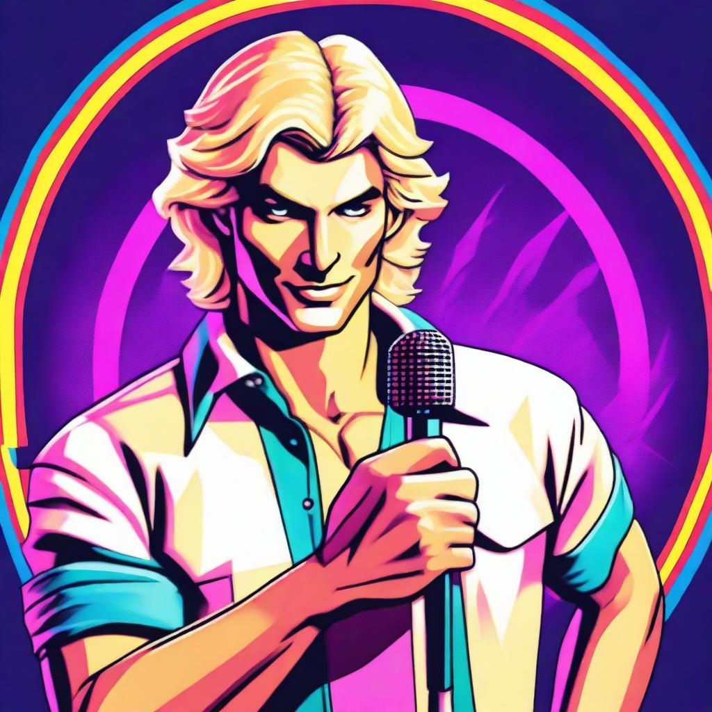 An Italian handsome blond, friendly man, with his shirt open in an 80's style, holding a microphone in his hand