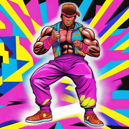 Baki Hanma, the muscular and fierce martial artist, dressed in vibrant 80's clothes